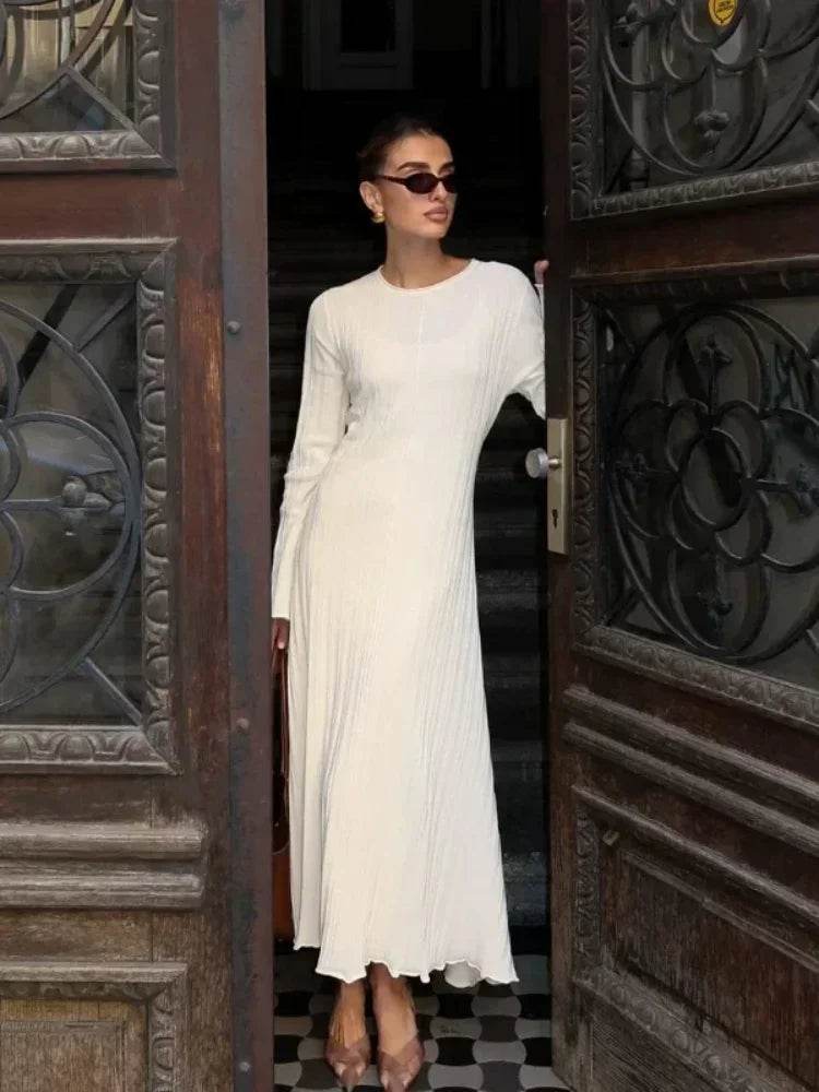 Buy Center Solid Knitted Long Dress - Slim Fit O-neck, Pleated Style - Buy Center UK