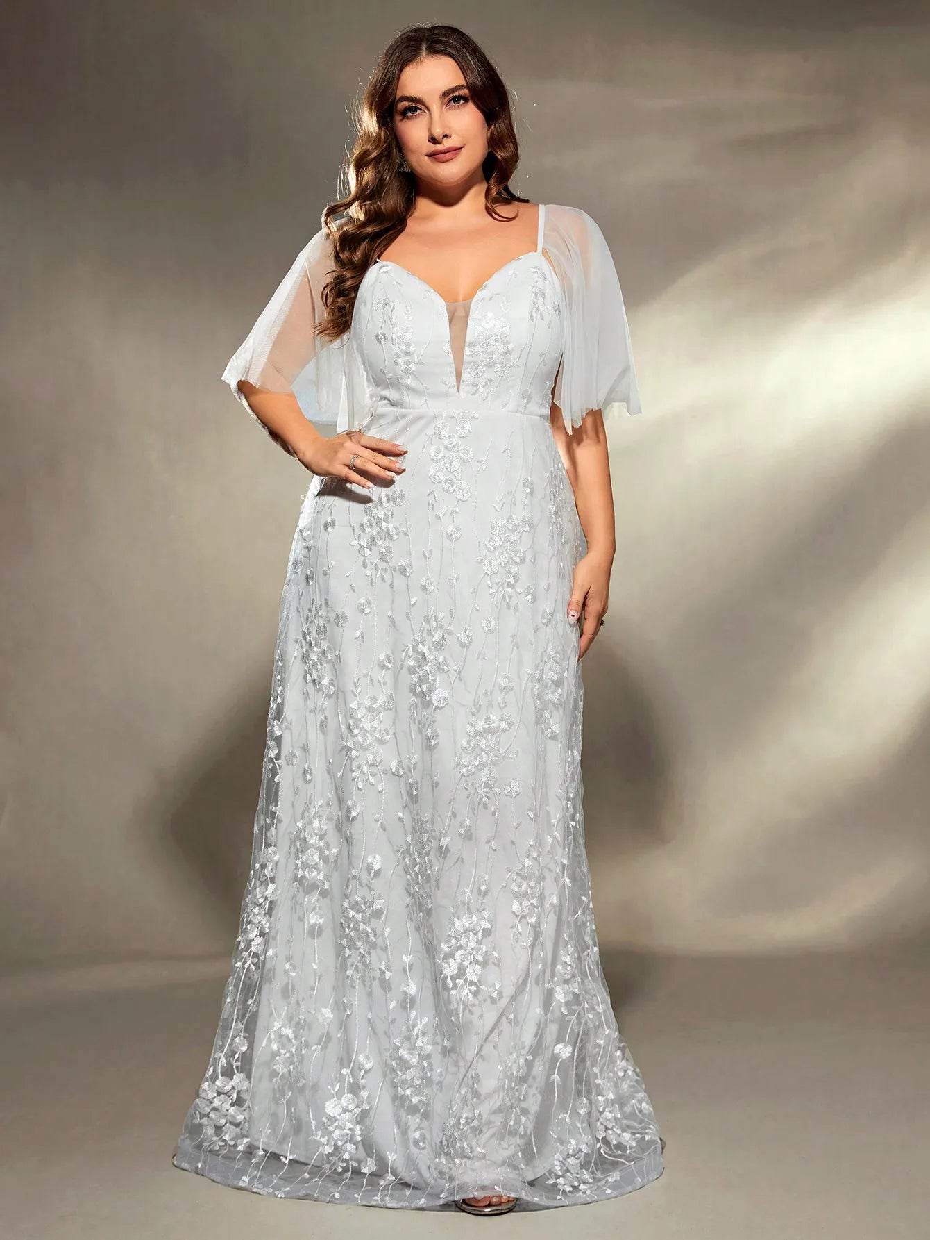 Mgiacy Plus Size V-Neck Wedding Gown - Embroidered Lace Detail - Buy Center UK