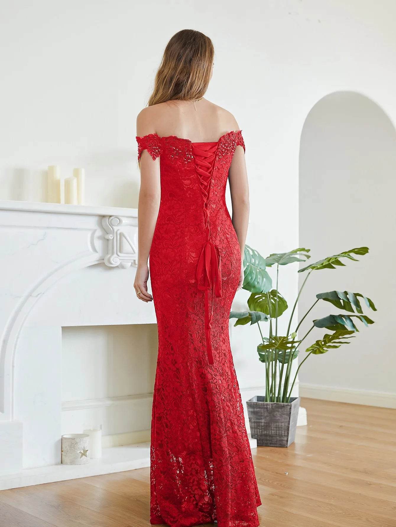 Charming Red Mermaid Bridesmaid Dress - Off-Shoulder Beading Lace - Buy Center UK