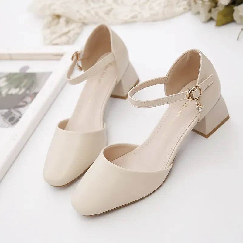 Elegant Women's White Buckle Strap Square Heel Pumps for Office - Buy Center UK