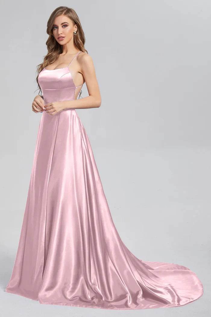 A-line Satin Bridesmaid Dress - Cowl Neckline & Slit Style - Buy Center UK