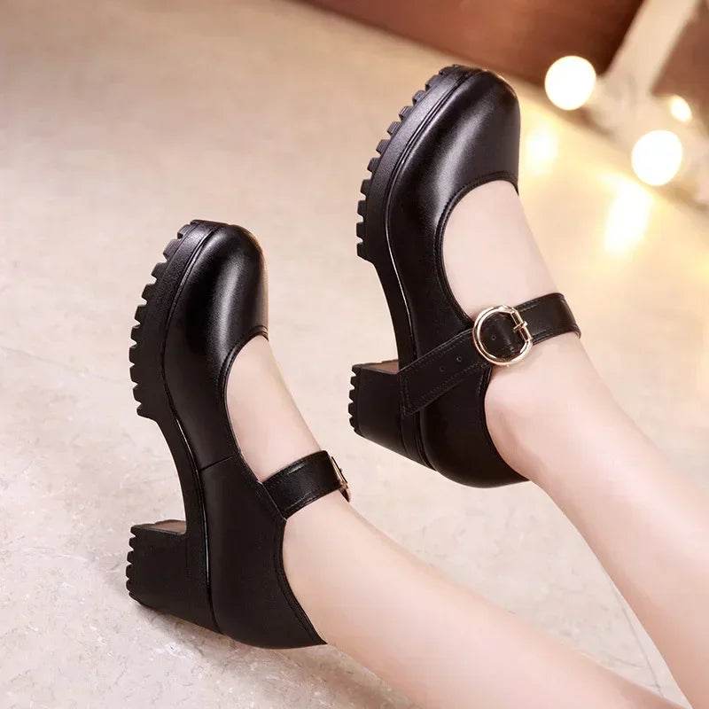 Buy Center Women's Platform Mary Janes - Soft Leather Block Heels - Buy Center UK