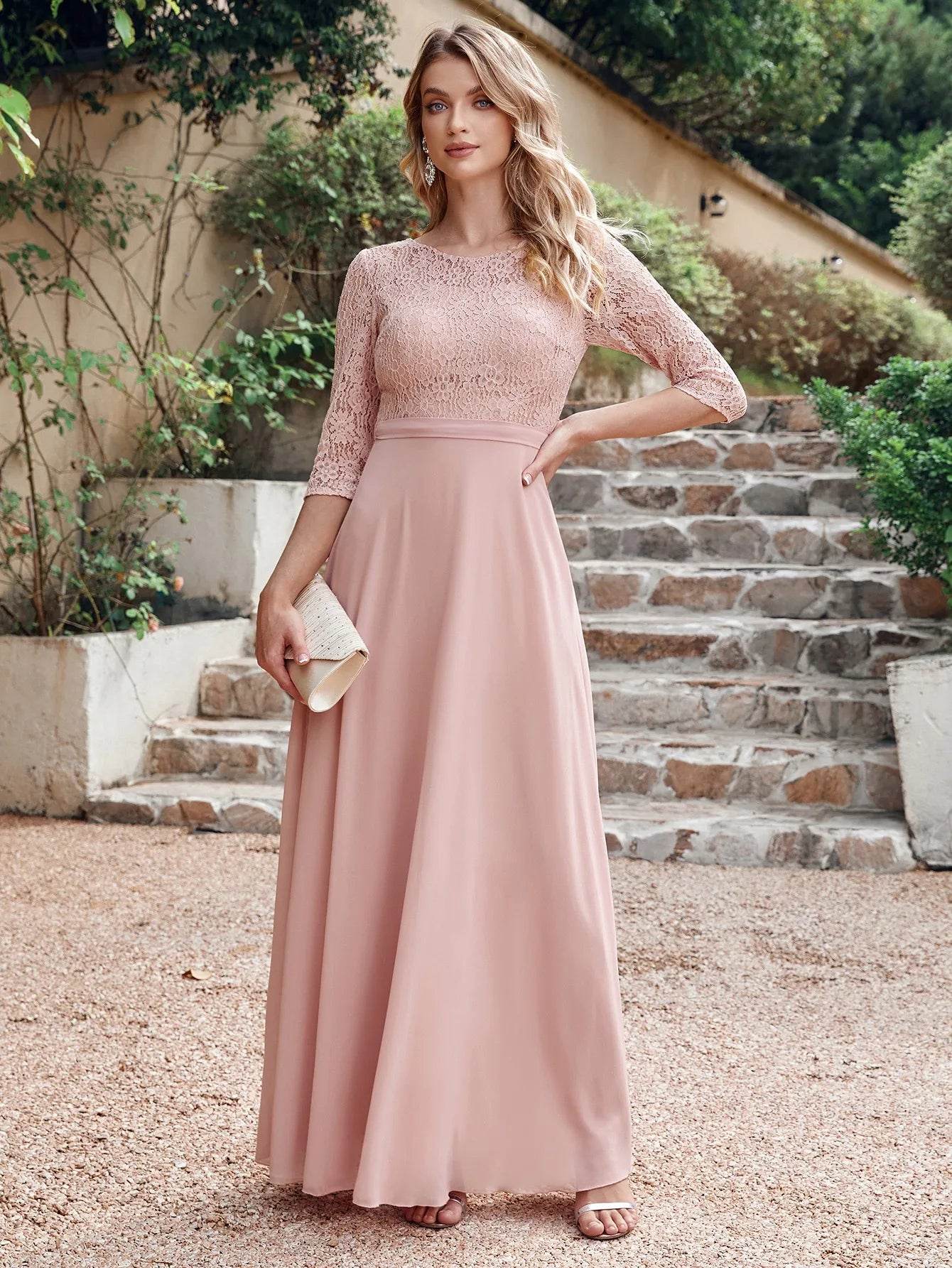 Buy Center Lace Chiffon Long Bridesmaid Dress - A-Line, 3/4 Sleeve - Buy Center UK