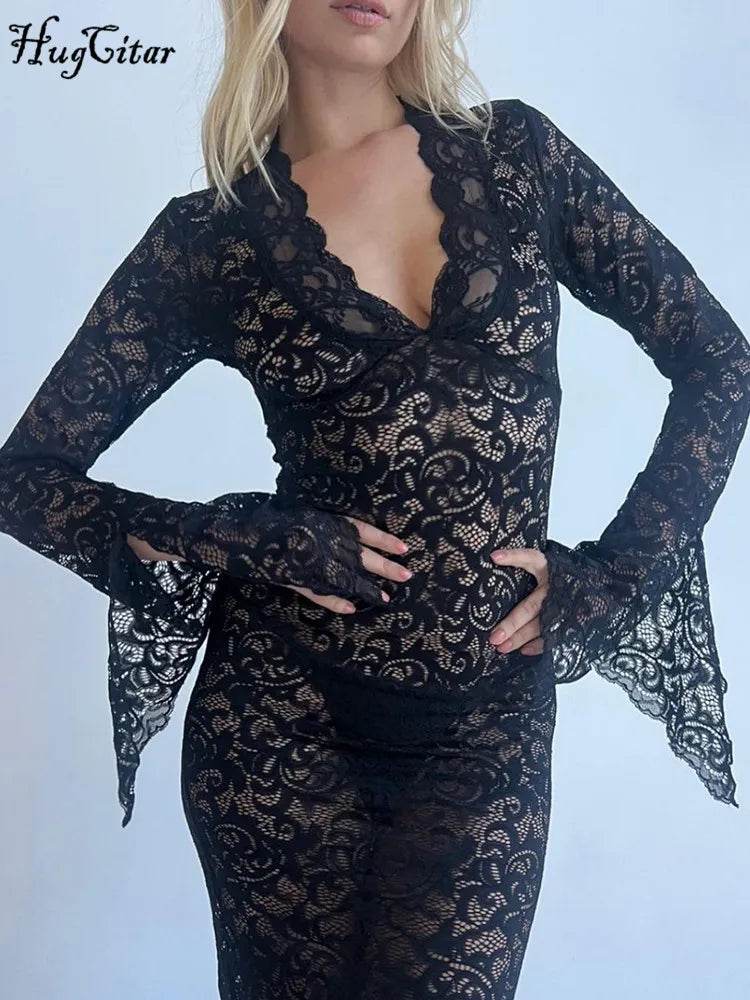 Hugcitar Floral Print V Neck Maxi Dress - Sexy Long Sleeve Dress - Buy Center UK