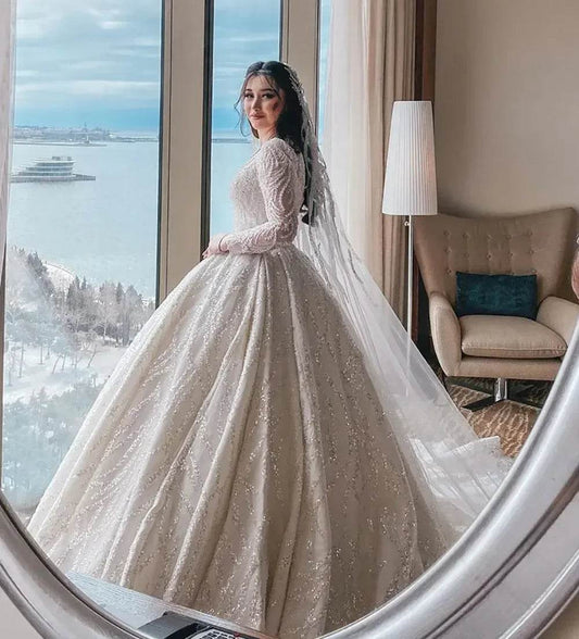 Customized Luxurious Ball Gown Wedding Dress - Long Sleeve Elegance - Buy Center UK