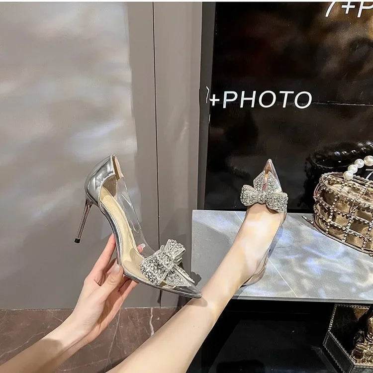 Women's Bow-Knot Rhinestone High Heels - Fashionable Silver Pumps - Buy Center UK