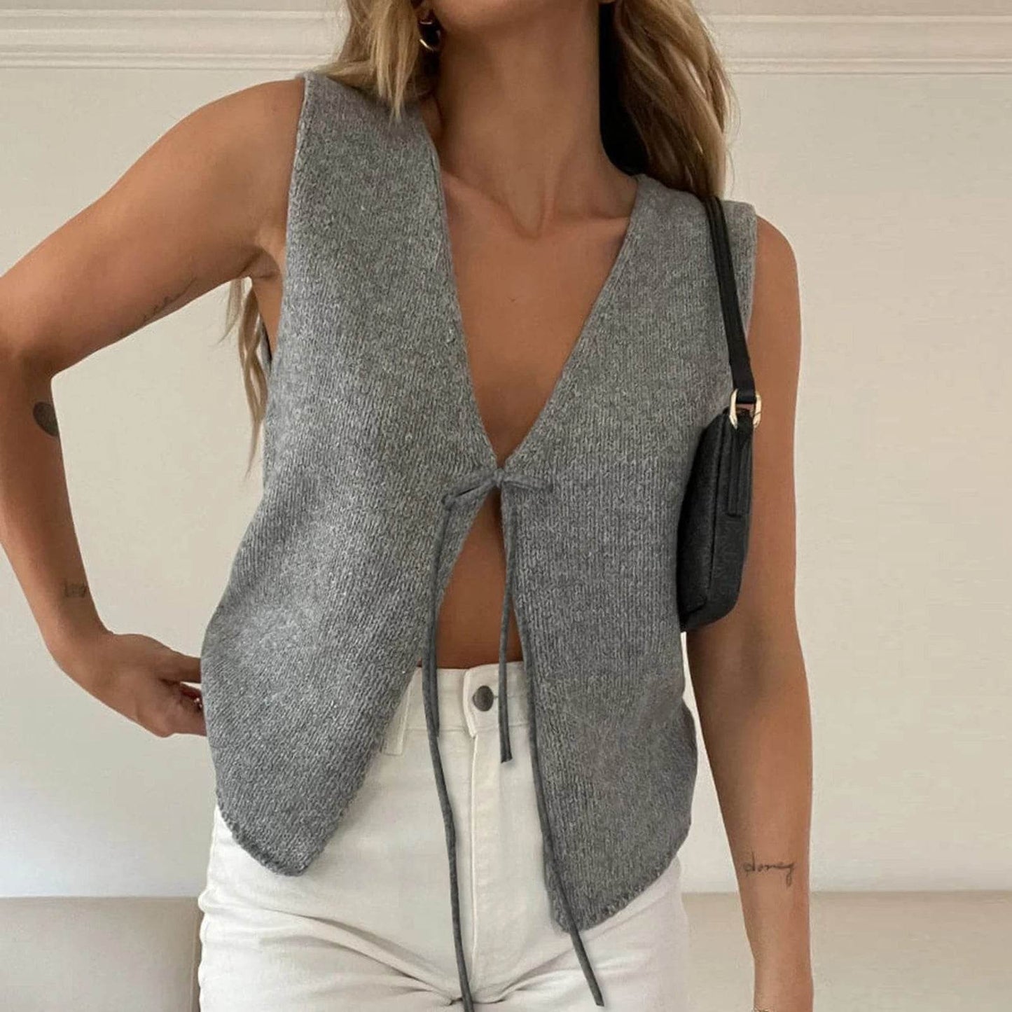 Women's Vintage Y2K Sweater Vest - Fitted Bow Knot Summer Top - Buy Center UK