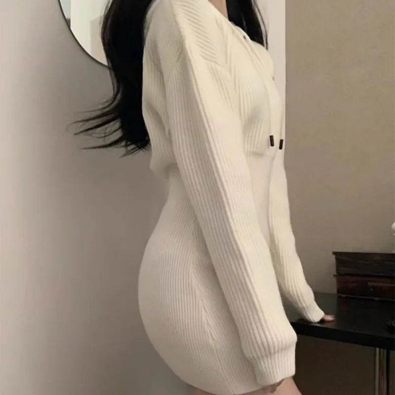 Buy Center Sexy White Knit Mini Dress - Hooded, High Waist, Long Sleeve - Buy Center UK