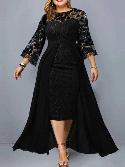 Plus Size Floral Lace Party Dress - Elegant Long Sleeve Design - Buy Center UK