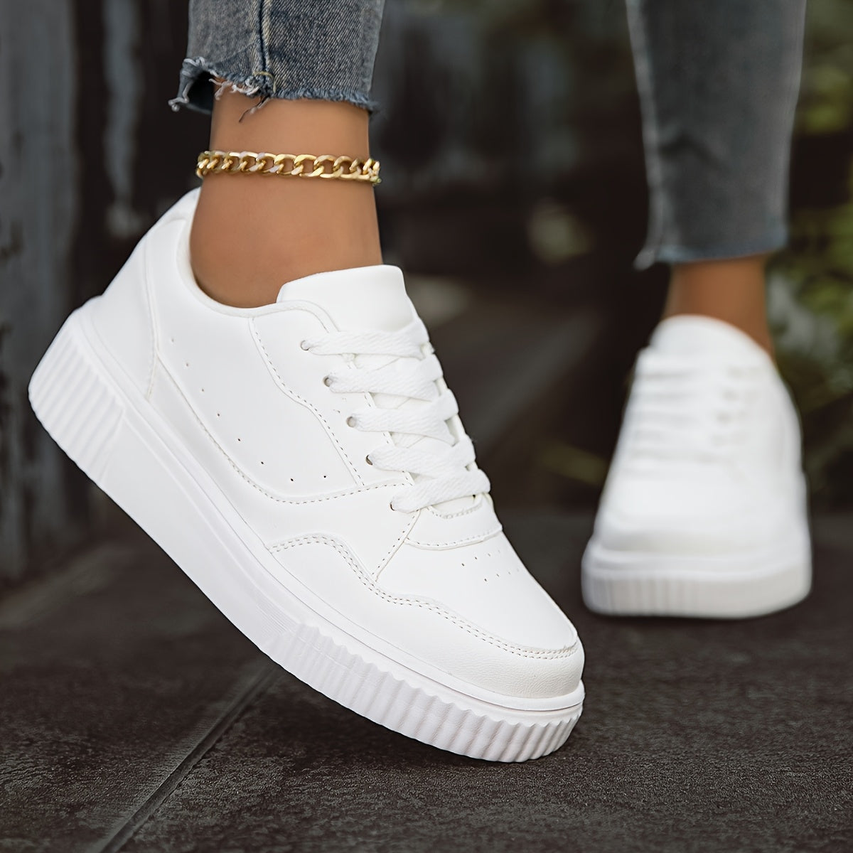 Womens Classic White LowTop Sneakers  Casual Durable NonSlip LaceUp Shoes for Running Walking  Casual Attire Round Toe AllSeason Design Comfortable EVA Sole Easy to Clean Everyday Footwear  Round Toe Sneakers  Synthetic Cover Shoes