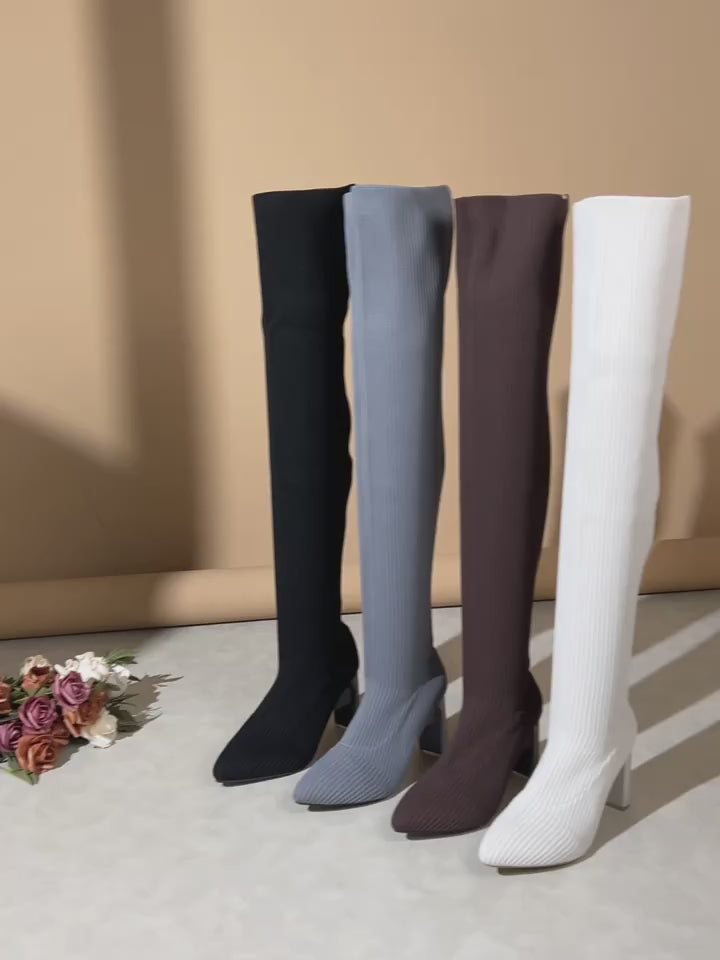 Womens Elegant Winter OvertheKnee OTK Boots  SlipResistant Rubber Sole Pointed Toe Stiletto Heel Comfortable Round Toe  Cushioned Insole Tapered Leg Solid Black  Versatile for Casual  Formal Wear AllSeason Stretchy Fabric Boots for Women