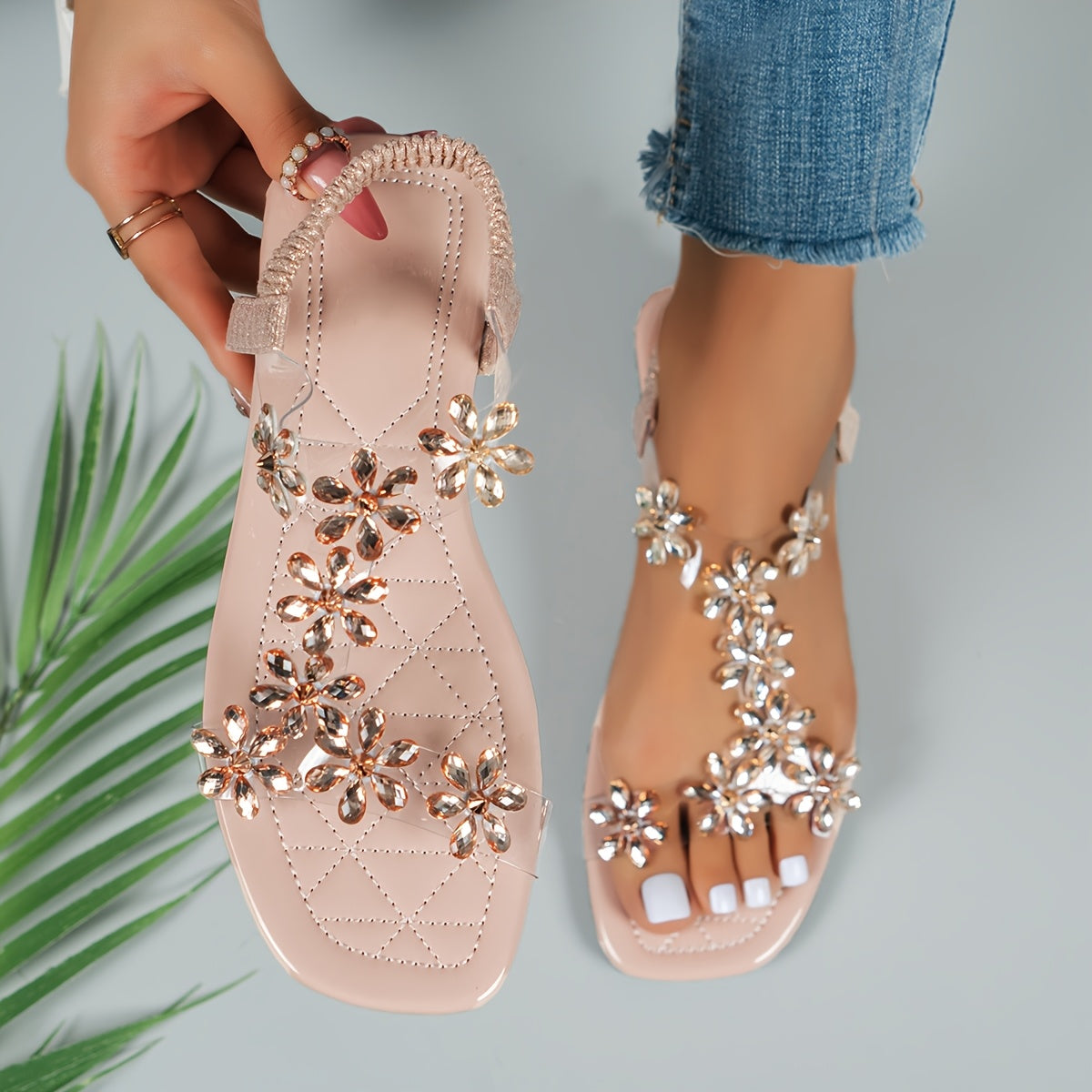 Summer Floral Sandals Sweet Summer Floral Womens SlipOn Flat Sandals  PU Cover Casual Shoes with Sparkling Flower Design for Beach Picnics  Daily Wear Durable Traction Footwear