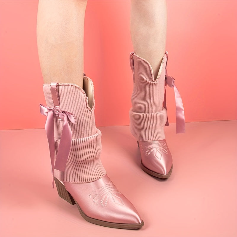 GOGD Womens Sweet Western Cowgirl Ankle Boots  FoldOver Satin Pointed Toe PullOn Booties with Chunky Wedge Heel Zipper Closure  Soft Fabric Lining Pink AllSeason Dressy Casual Shoes