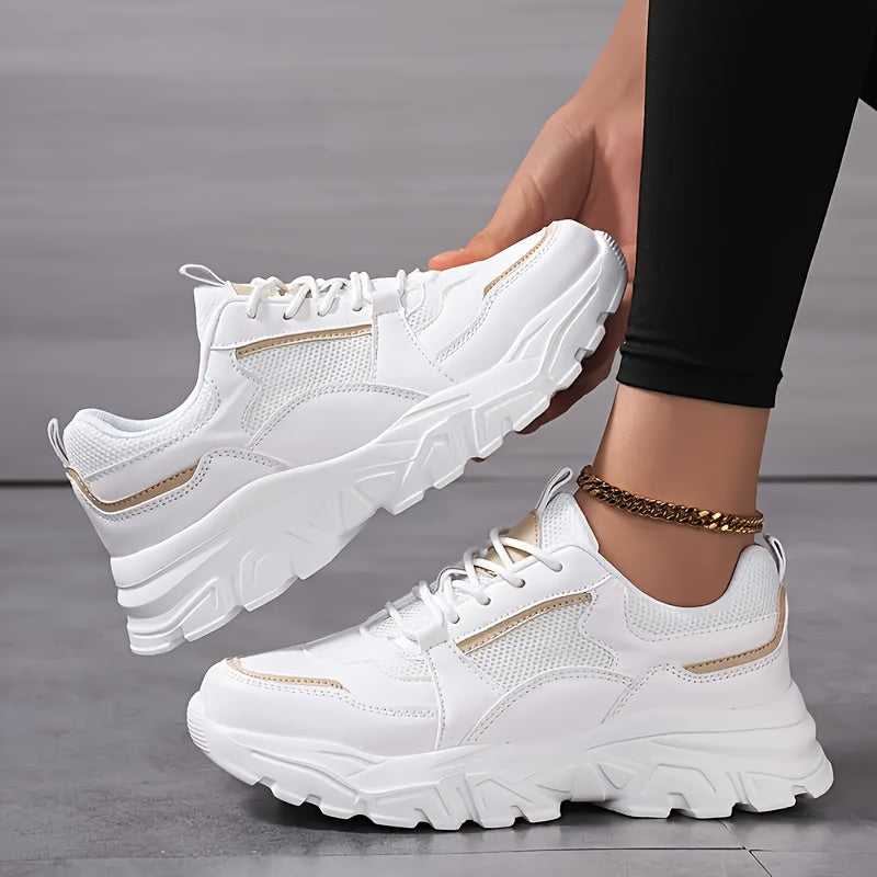 Womens Breathable Mesh Chunky Sneakers  Lightweight Casual Dad Shoes with Soft EVA Sole White  Golden Accents Black  Golden Design Perfect for Running Travel  Casual Attire