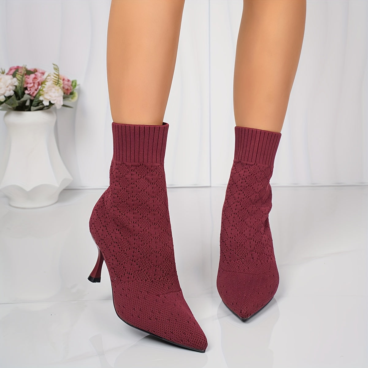 Elegant Burgundy Knit AnkleHigh Boots for Women  Pointed Toe Stretchy  Soft Fabric PullOn Closure Faux Cover Sole Perfect for Casual Or Dressy Outfits Summer Chic  Pullon Boots  Soft Fabric Boots