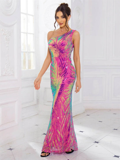 Romagic One Shoulder Cocktail Dress - Shiny Sequined Evening Gown - Buy Center UK