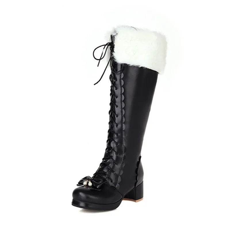 PXELENA Plus Size Wedding Shoes - Knee High Boots with Bowtie Ruffles - Buy Center UK