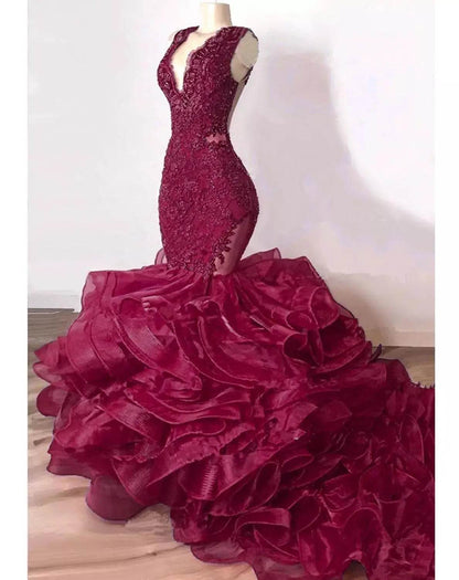 Luxury Royal Blue Lace Beaded Mermaid Dress - Ruffled Evening Gown - Buy Center UK