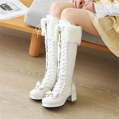 PXELENA Plus Size Wedding Shoes - Knee High Boots with Bowtie Ruffles - Buy Center UK