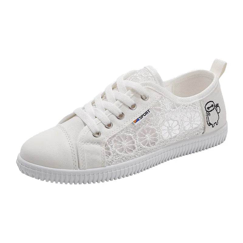 Lace Breathable White Shoes for Women - Stylish Canvas Flats - Buy Center UK