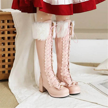 PXELENA Plus Size Wedding Shoes - Knee High Boots with Bowtie Ruffles - Buy Center UK