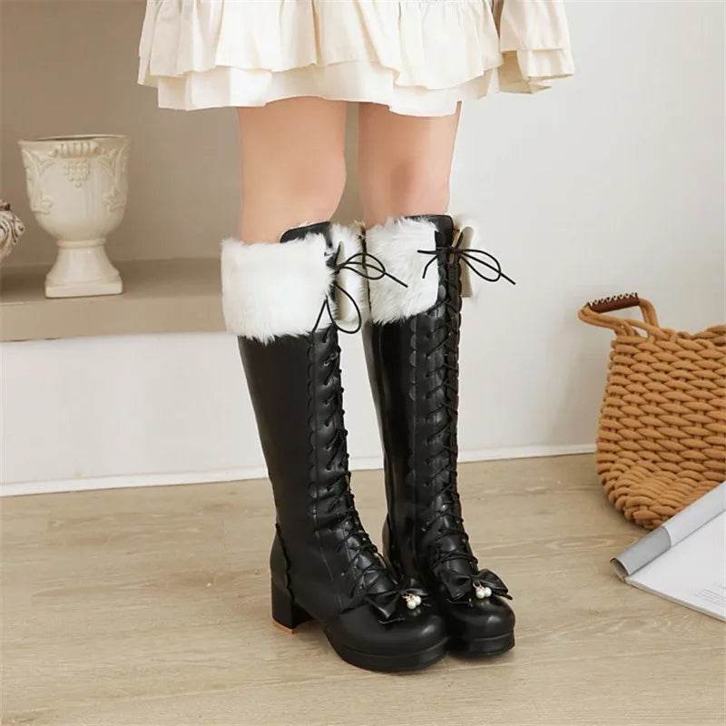 PXELENA Plus Size Wedding Shoes - Knee High Boots with Bowtie Ruffles - Buy Center UK