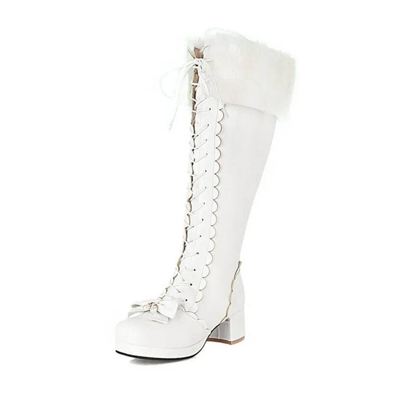 PXELENA Plus Size Wedding Shoes - Knee High Boots with Bowtie Ruffles - Buy Center UK