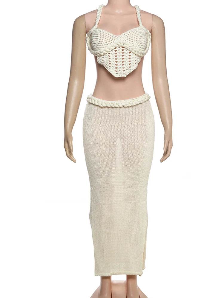 Weird Puss Crochet Shirring 2 Piece Set - Backless Top & Long Skirt - Buy Center UK