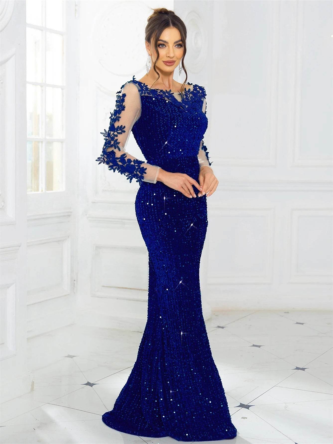 Romagic O Neck Long Sleeve Floral Sequin Dress - Elegant Party Wear - Buy Center UK