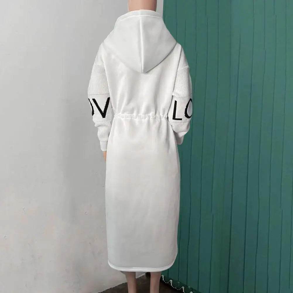 Women's Long Hooded Coat - Patchwork Sleeves & Drawstring Waist - Buy Center UK