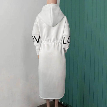 Women's Long Hooded Coat - Patchwork Sleeves & Drawstring Waist - Buy Center UK