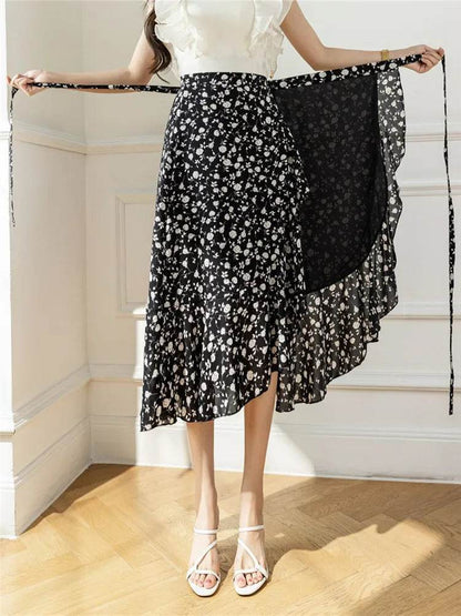 REALEFT Vintage Floral A-line Skirt - High Waist Midi Length - Buy Center UK