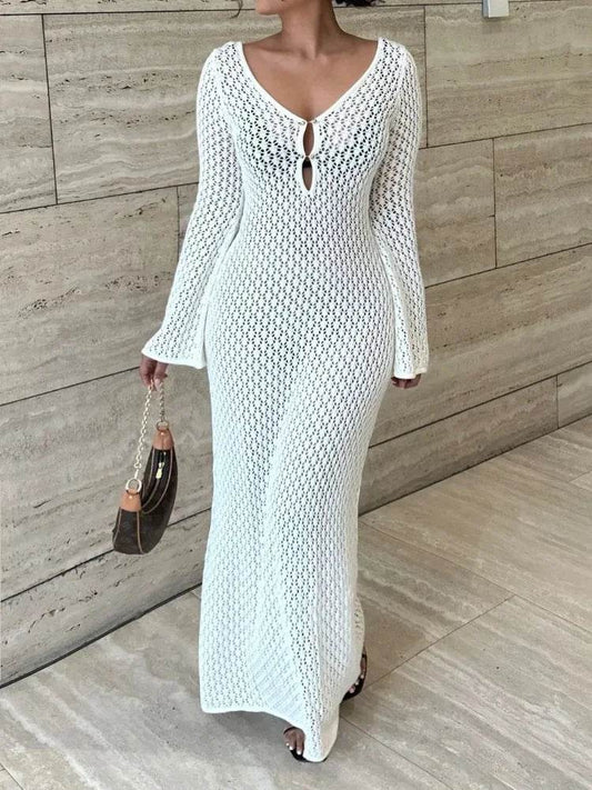 BWQ White Knit Maxi Dress - See-Through V-Neck Beach Cover Up - Buy Center UK