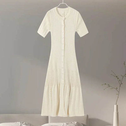 Elegant Women's Knit Dress - Slim O-Neck, Short Sleeve A-Line - Buy Center UK