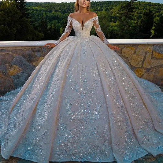 Customized V-Neck Lace Wedding Dress - Off-Shoulder Ball Gown - Buy Center UK
