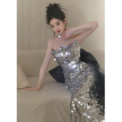 Plus Size Women's Mermaid Evening Dress - Sequins & Bow Detail - Buy Center UK