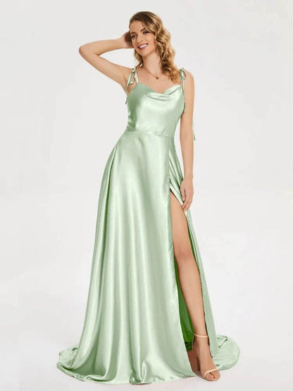 2024 Satin Bridesmaid Dress - Cowl Neck, A-Line, Leg Slit Styles - Buy Center UK