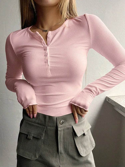 Women's Button Ribbed Pullover Sweater - Slim Fit, Solid Color Style - Buy Center UK