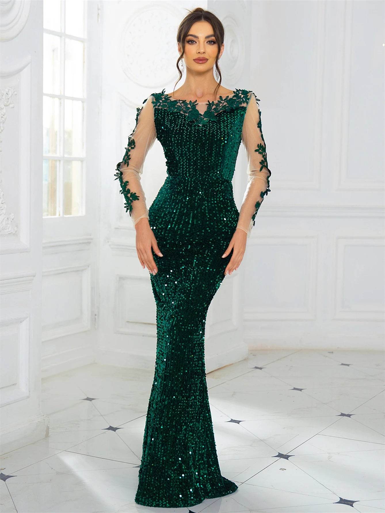 Elegant Lace Sequined Velvet Evening Dress - Backless Full Sleeves - Buy Center UK