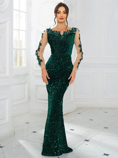 Elegant Lace Sequined Velvet Evening Dress - Backless Full Sleeves - Buy Center UK