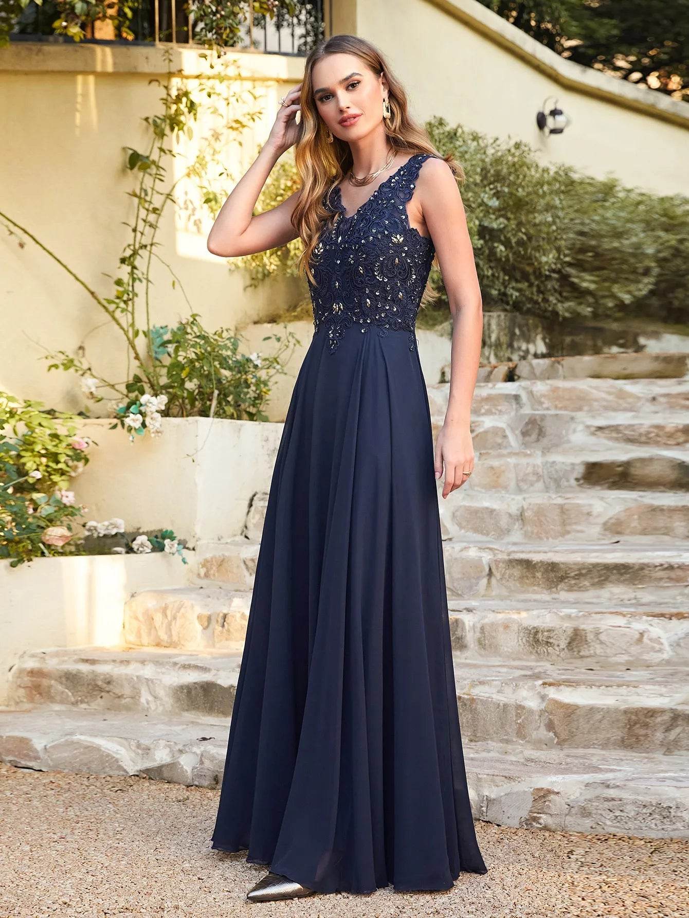 Elegant Chiffon V Neck Prom Dress - Beaded Crystal Sleeveless Gown - Buy Center UK