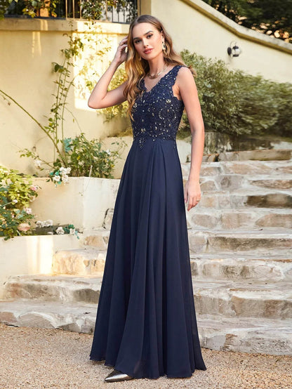 Elegant Chiffon V Neck Prom Dress - Beaded Crystal Sleeveless Gown - Buy Center UK