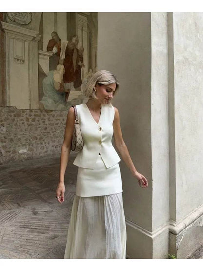 TRAF Women Knitted 2-Piece Set - V-Neck Top & Ankle Skirt - Buy Center UK