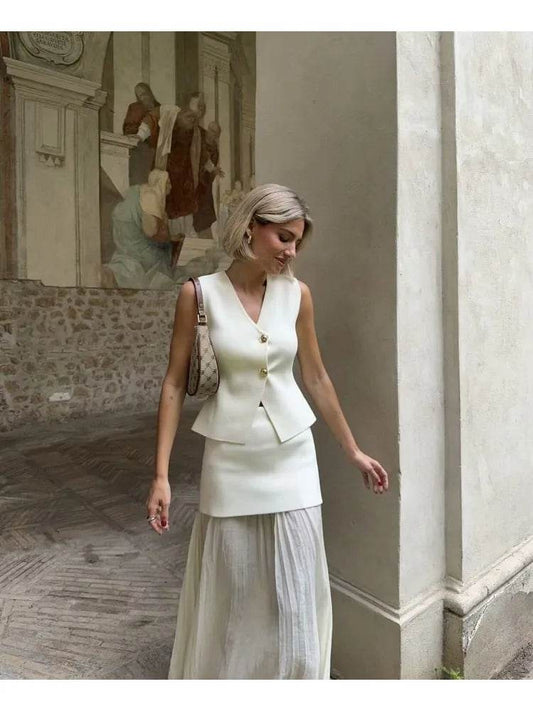 TRAF Women Knitted 2-Piece Set - V-Neck Top & Ankle Skirt - Buy Center UK
