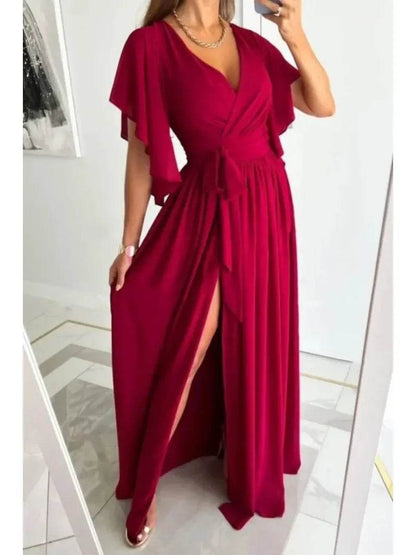 Buy Center Women's Flare Sleeve V-Neck Dress - Casual Floor Slit Style - Buy Center UK