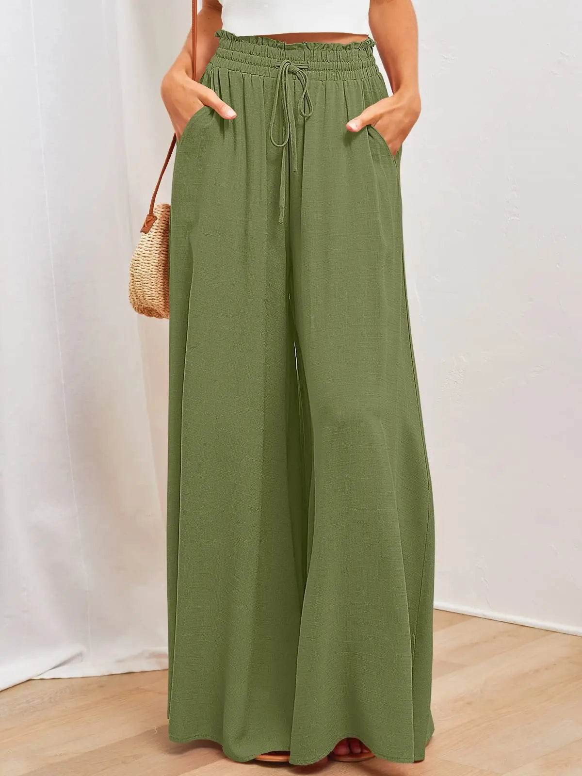 Buy Center Women's Summer Wide Leg Pants - Elastic Waist & Pockets - Buy Center UK