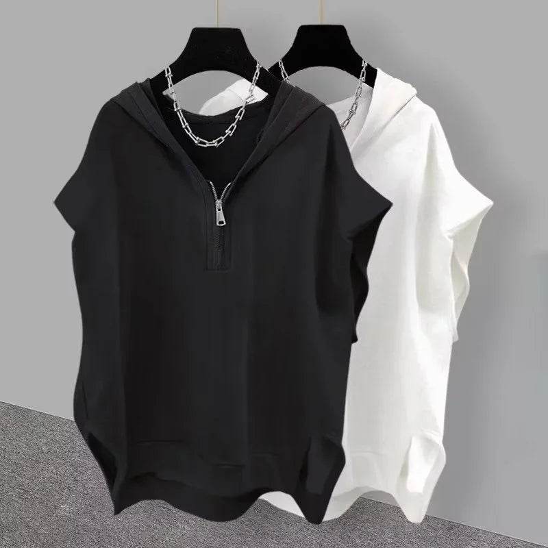 Buy Center Summer Zipper Hooded Sleeveless Tee - Korean Fashion - Buy Center UK