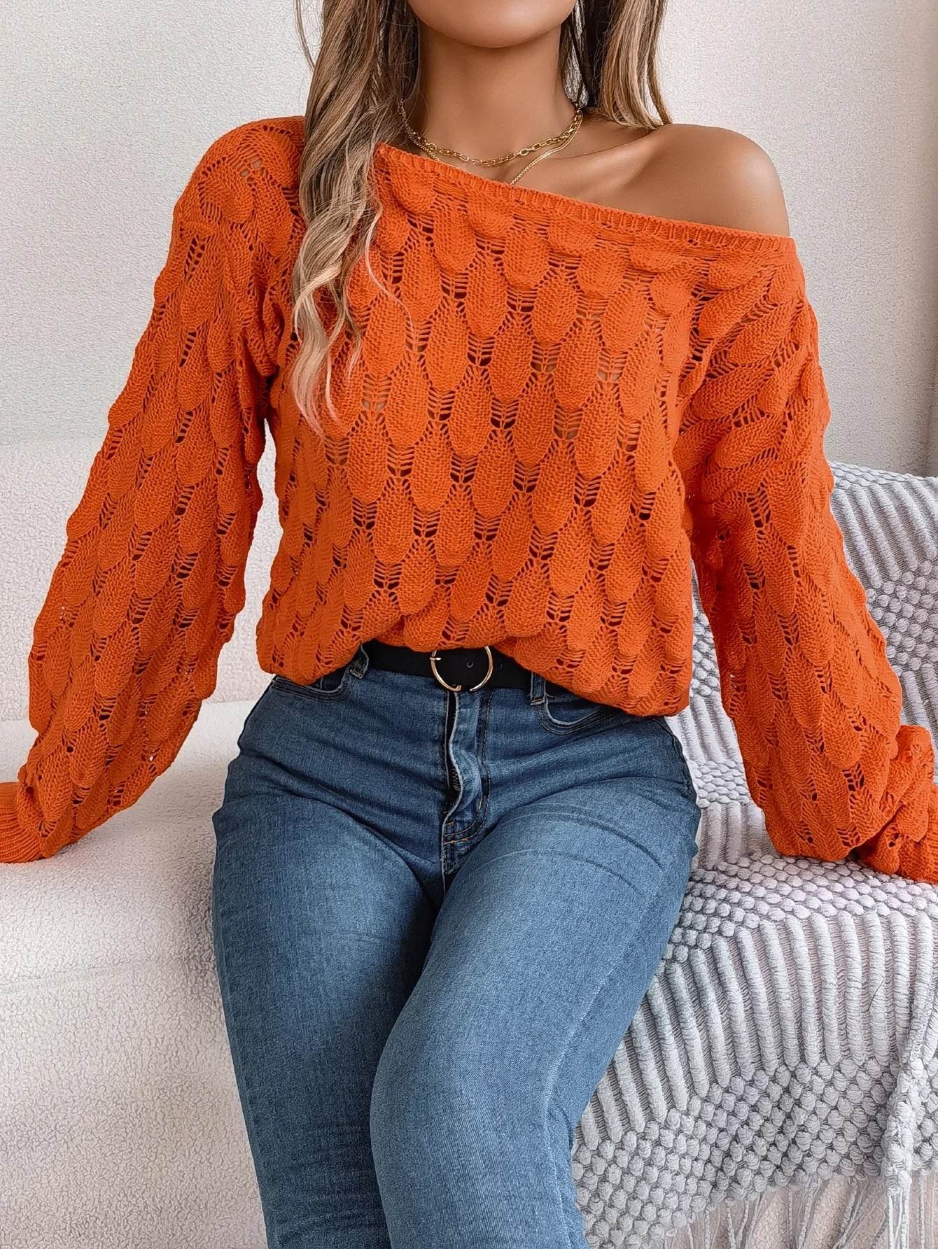 Buy Center Off Shoulder Hollow Out Sweater - Trendy Autumn Pink Top - Buy Center UK