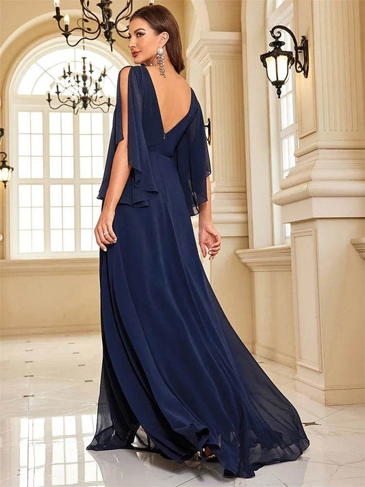 Luxury Navy Chiffon Evening Dress - High Split V-Back Gown - Buy Center UK
