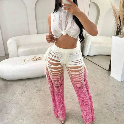 Gradient Color Crochet Two Piece Set - Summer Crop Top & Wide Leg Pants - Buy Center UK